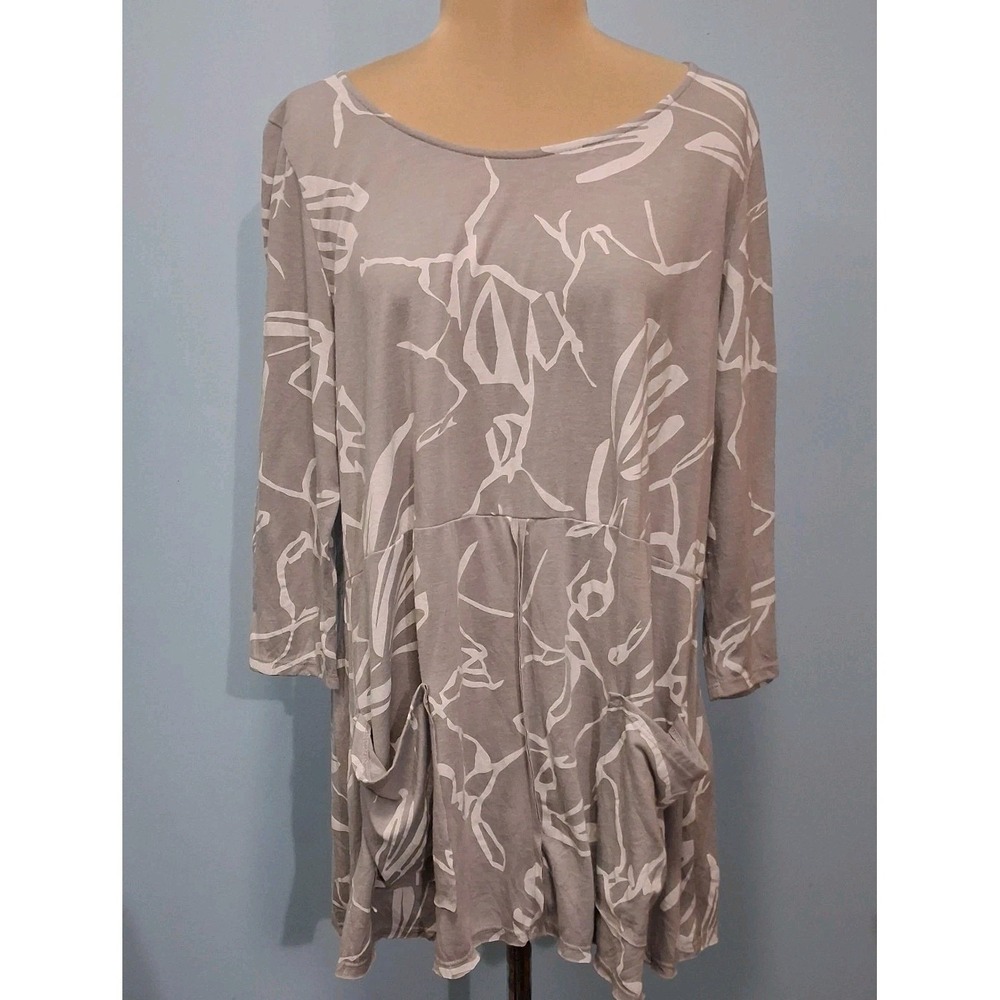 Chalet Et Ceci Tunic Top Gray White Abstract Asymmetric Hem Lagenlook Pocket Sm